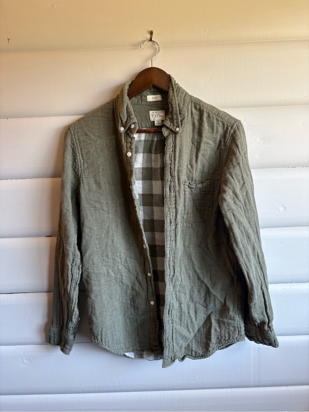 J.Crew Double Cloth Muslin Cotton Button-Up Shirt Olive Buffalo Plaid Slim Small